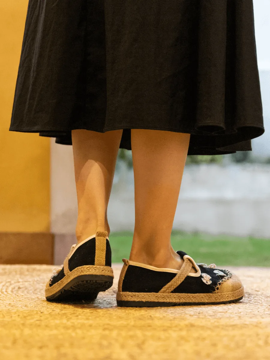 Asana Bow Applique Linen Loafer - Black