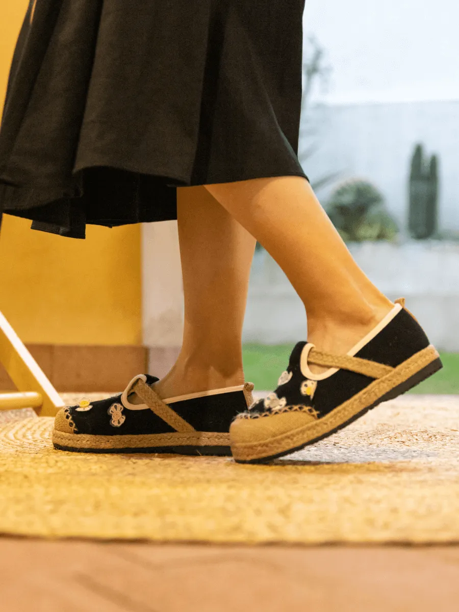 Asana Bow Applique Linen Loafer - Black