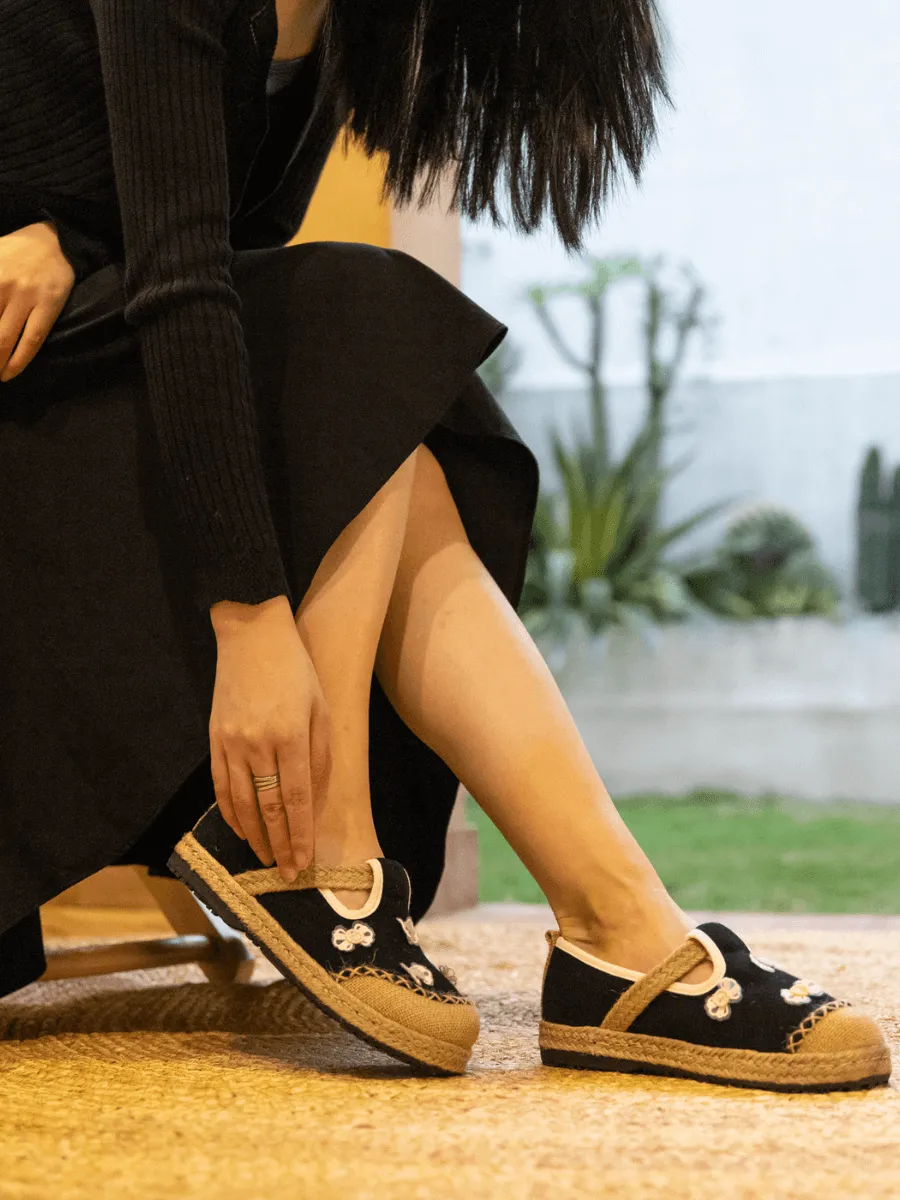 Asana Bow Applique Linen Loafer - Black