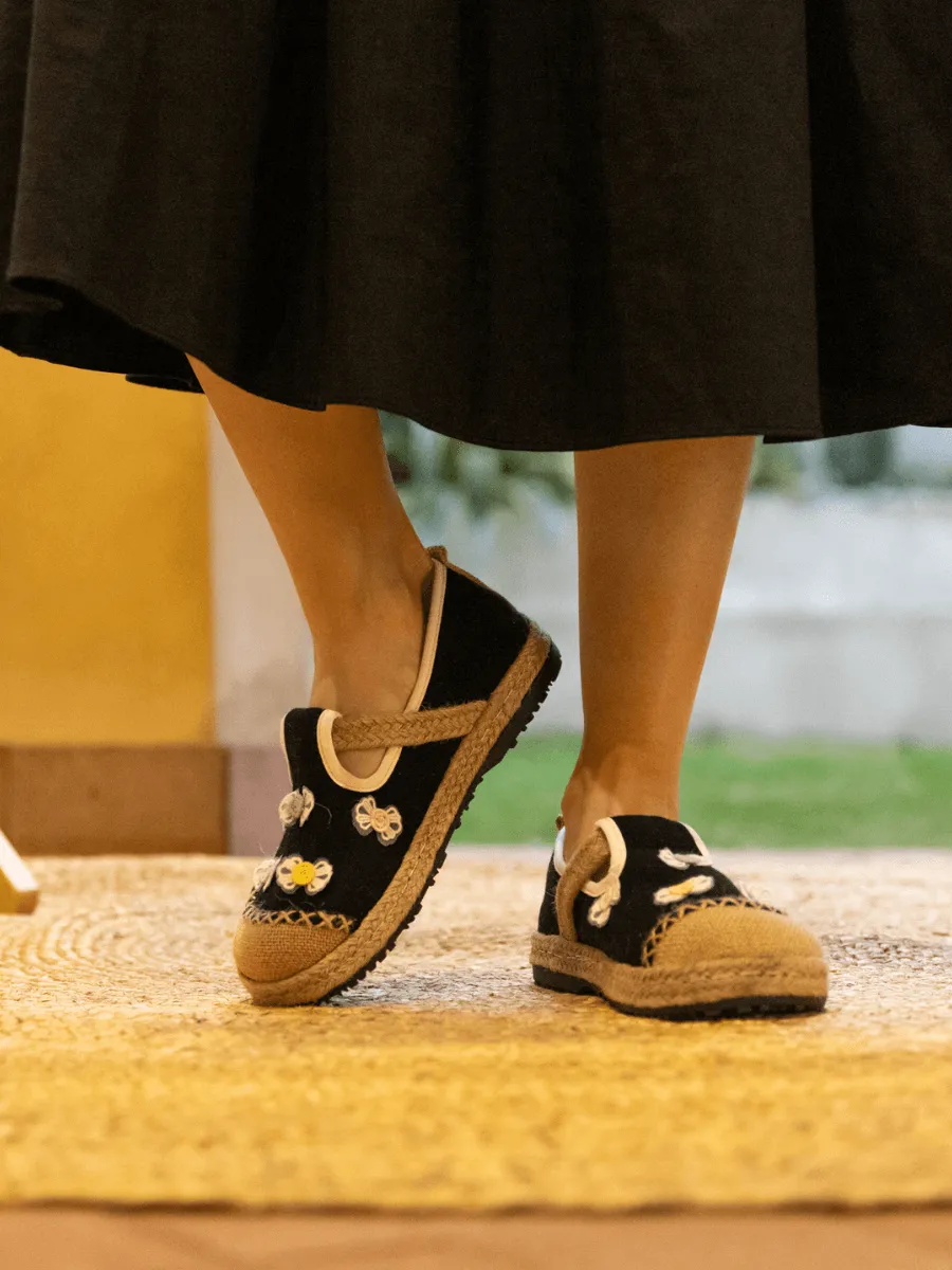Asana Bow Applique Linen Loafer - Black
