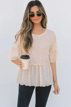 Beige Solid Color Textured Ruffled Short Sleeve Blouse