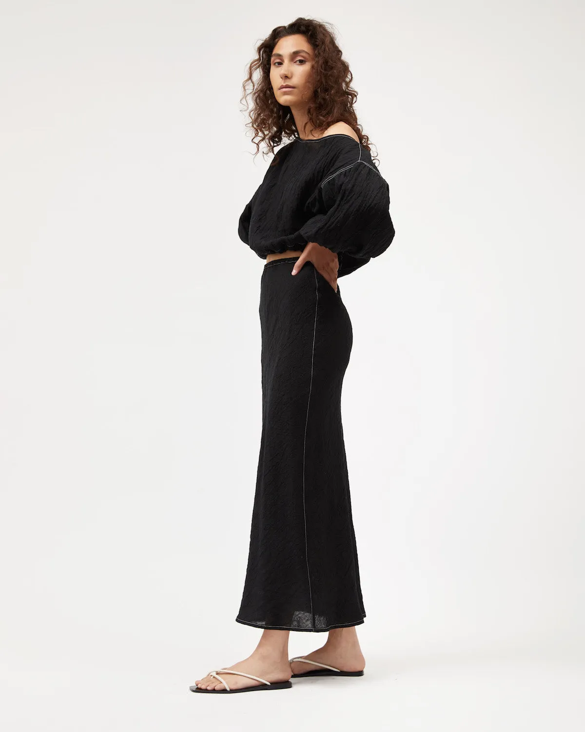 Bias Skirt | Black Contrast Linen