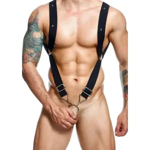 Black Bondage Elastic Straight Back Harness with Steel Cockring