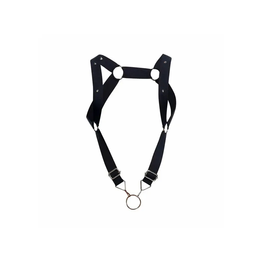 Black Bondage Elastic Straight Back Harness with Steel Cockring
