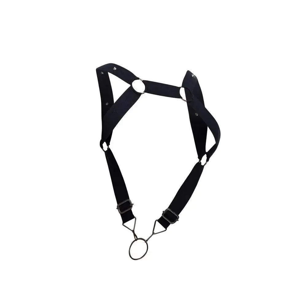 Black Bondage Elastic Straight Back Harness with Steel Cockring