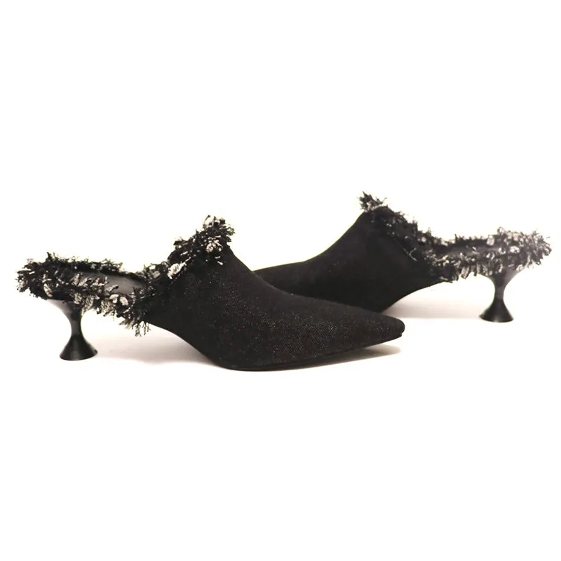 Black denim pointed toe low heel mule shoes slippers