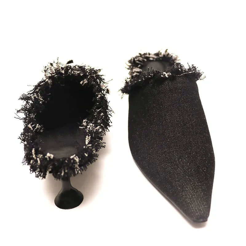 Black denim pointed toe low heel mule shoes slippers