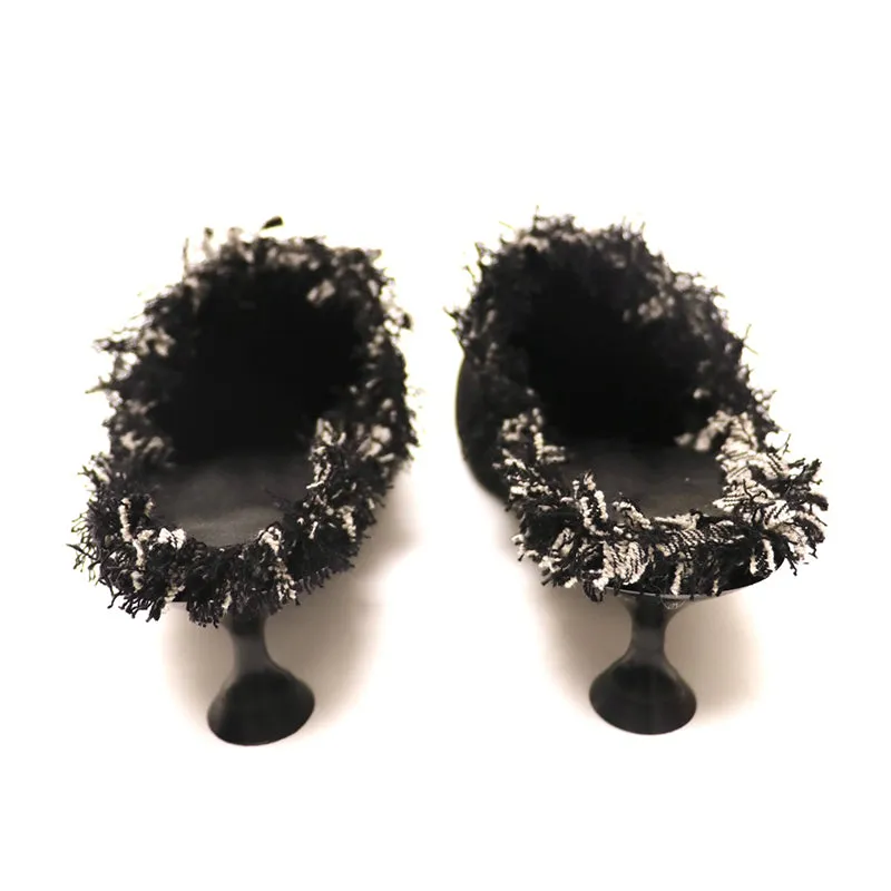 Black denim pointed toe low heel mule shoes slippers