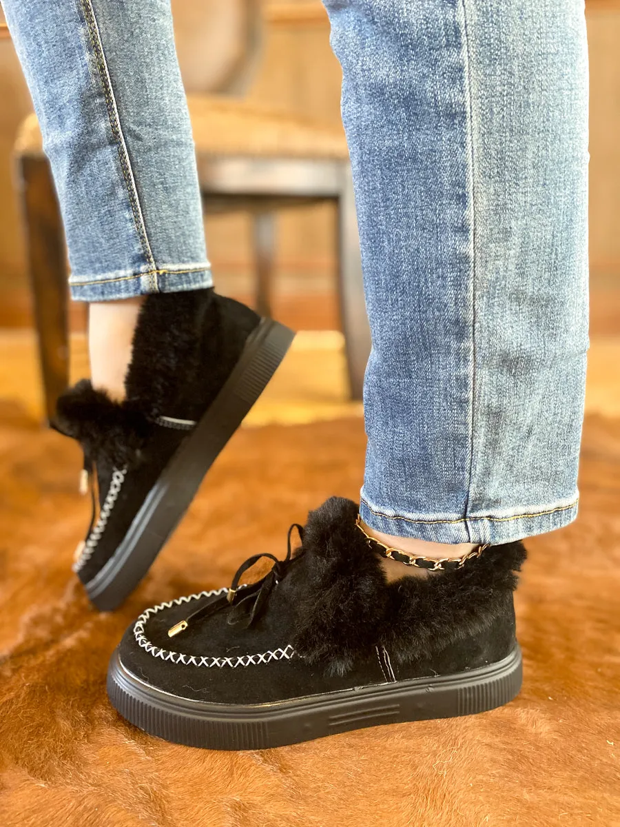 Black Faux-Fur Anklet Yana Moccasin