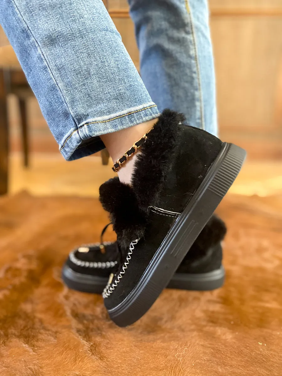 Black Faux-Fur Anklet Yana Moccasin