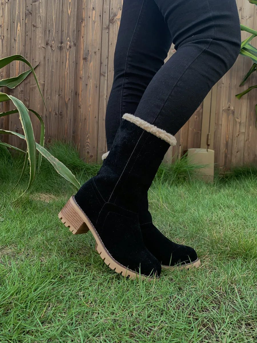 Black Plush-Lined Fold-Over Boots