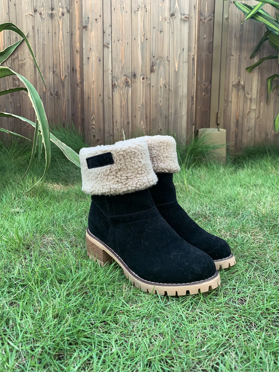 Black Plush-Lined Fold-Over Boots