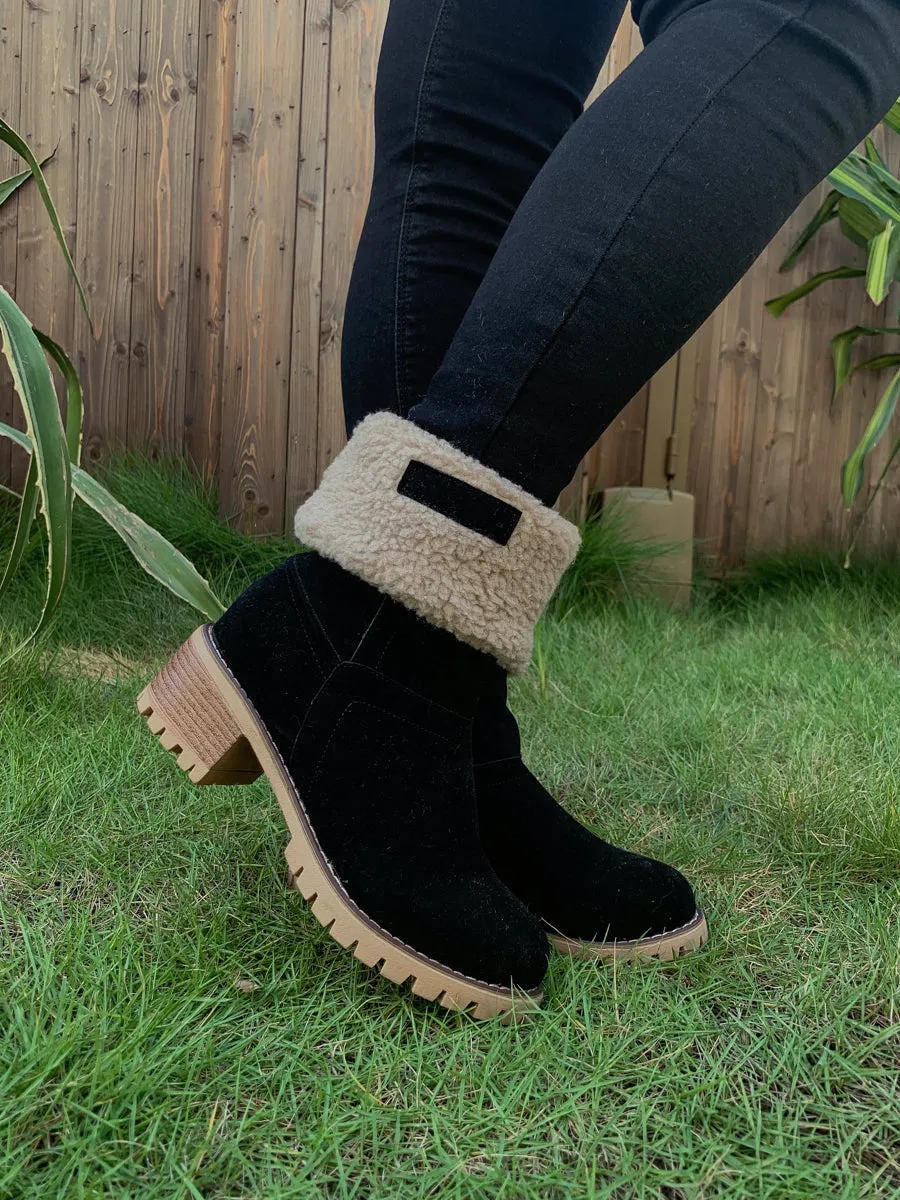 Black Plush-Lined Fold-Over Boots