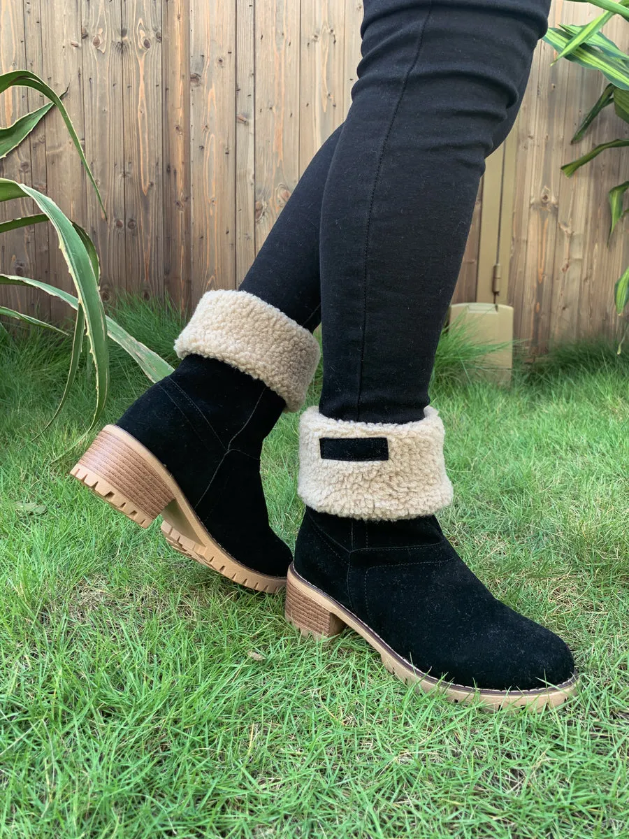 Black Plush-Lined Fold-Over Boots