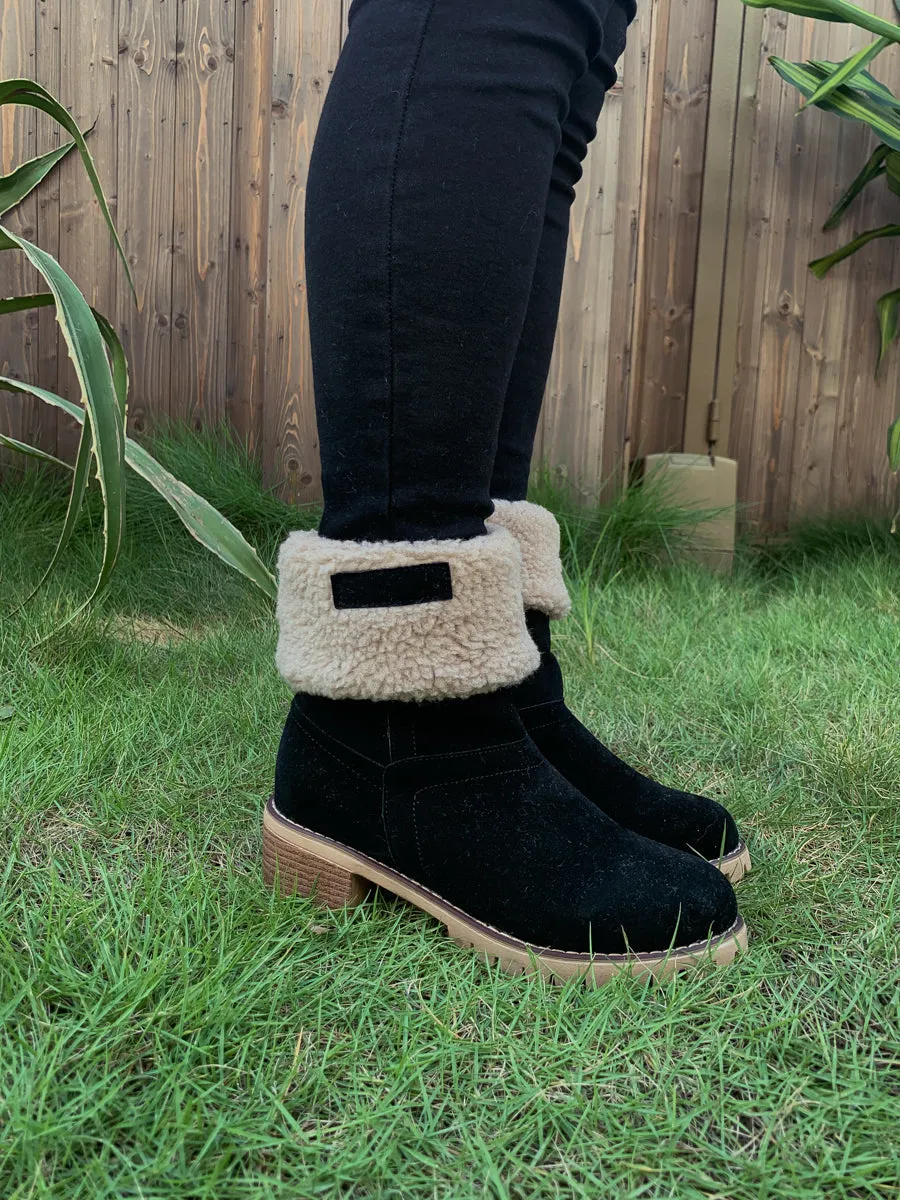Black Plush-Lined Fold-Over Boots