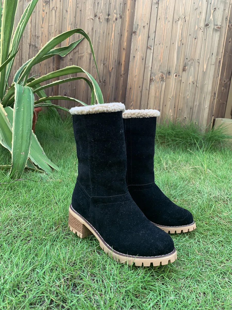 Black Plush-Lined Fold-Over Boots