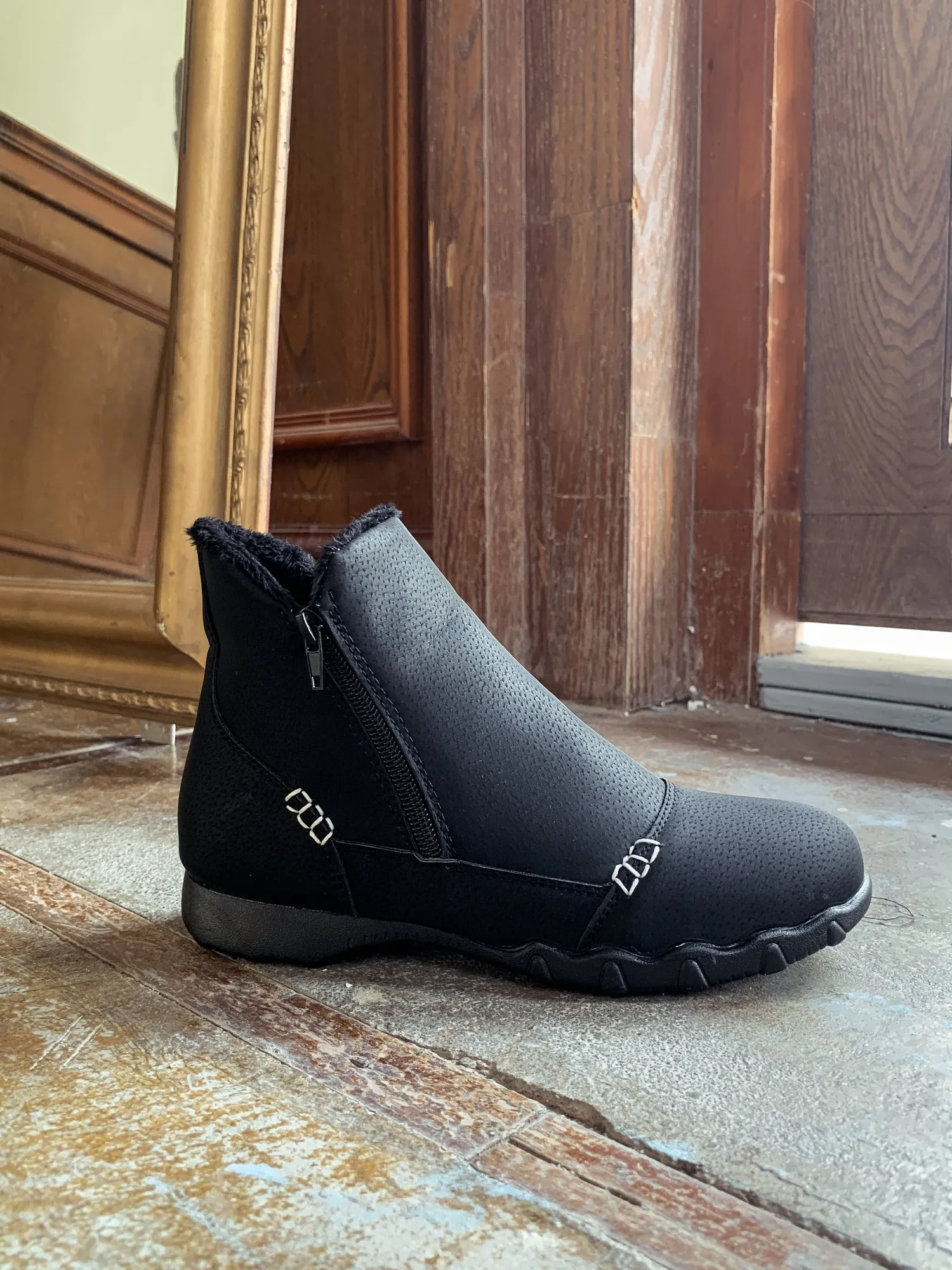 Black Plush-Lined Low Ankle Boot