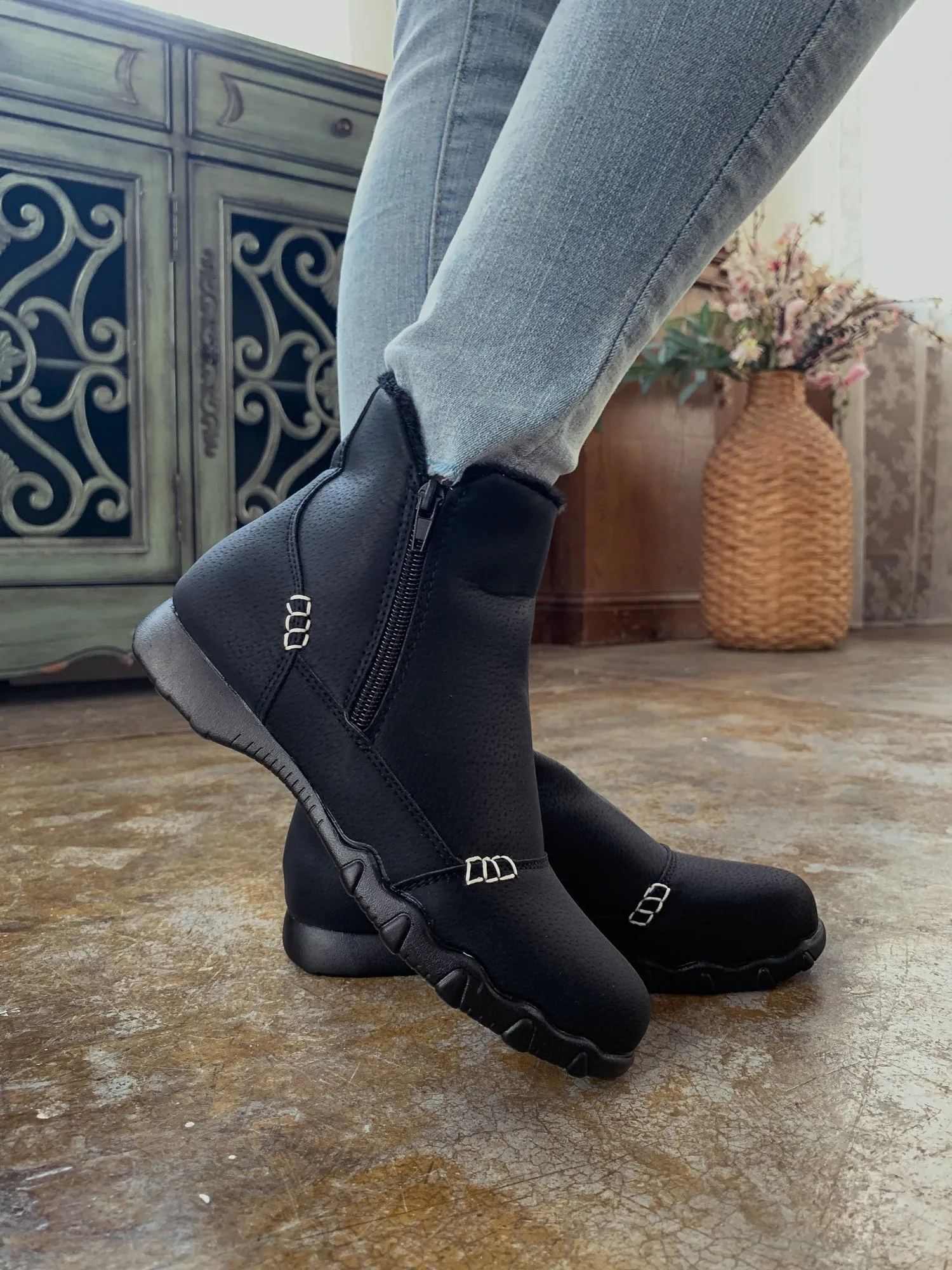 Black Plush-Lined Low Ankle Boot