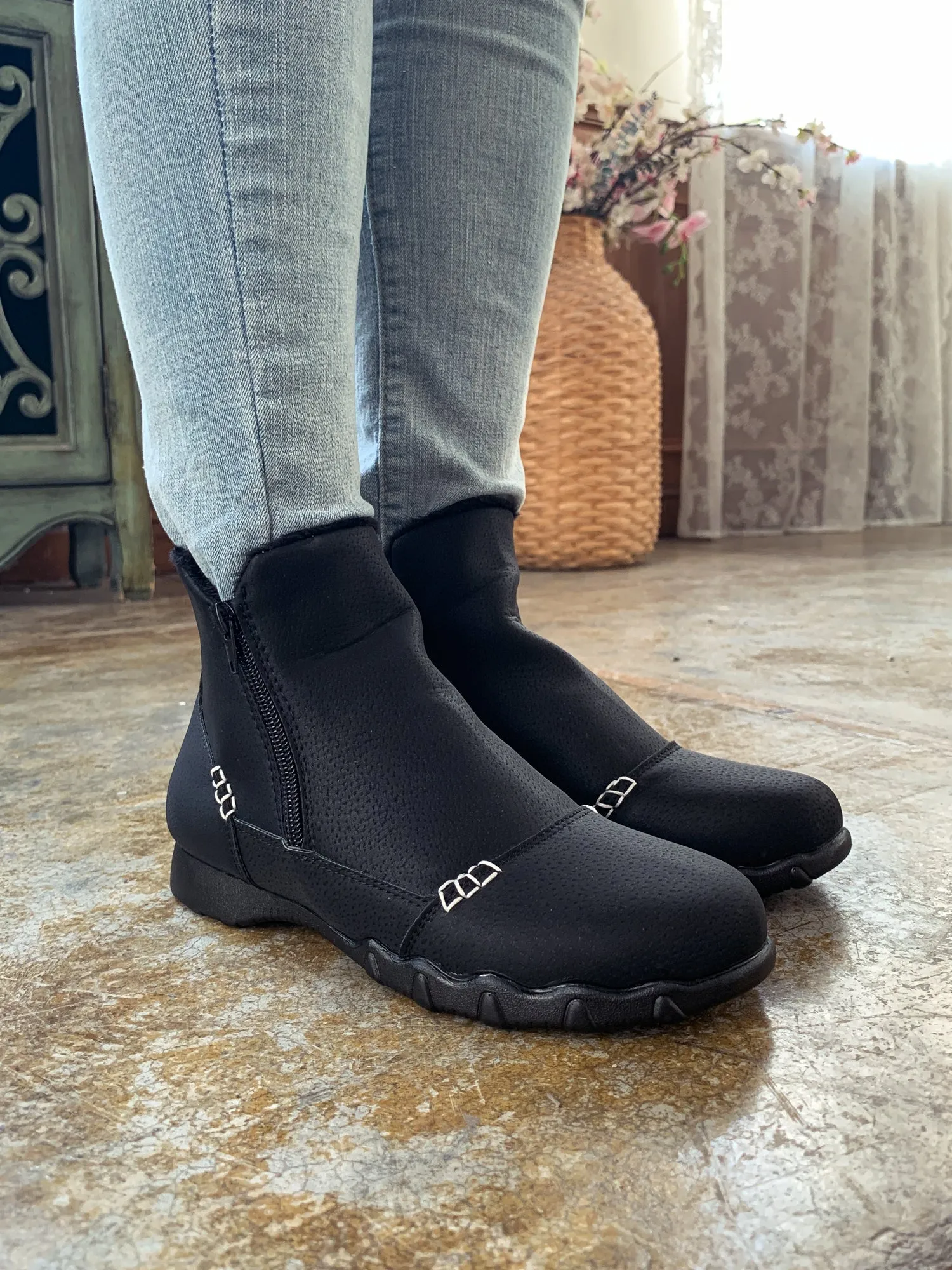 Black Plush-Lined Low Ankle Boot