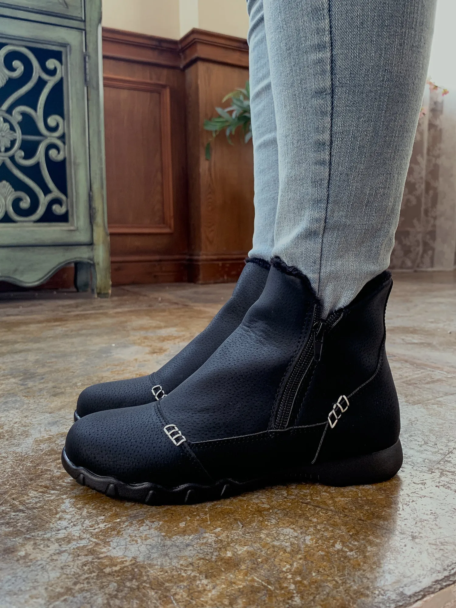 Black Plush-Lined Low Ankle Boot