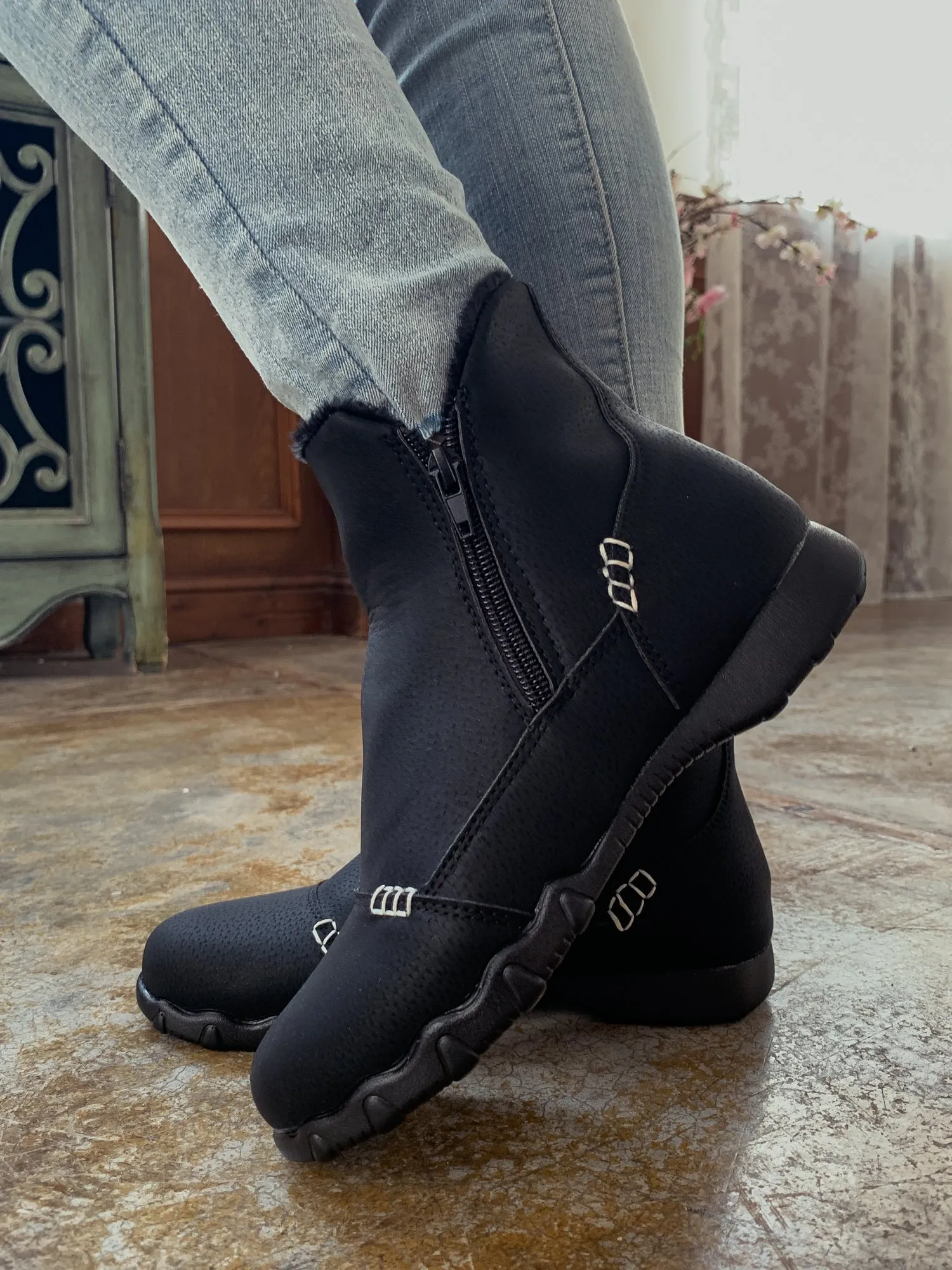 Black Plush-Lined Low Ankle Boot