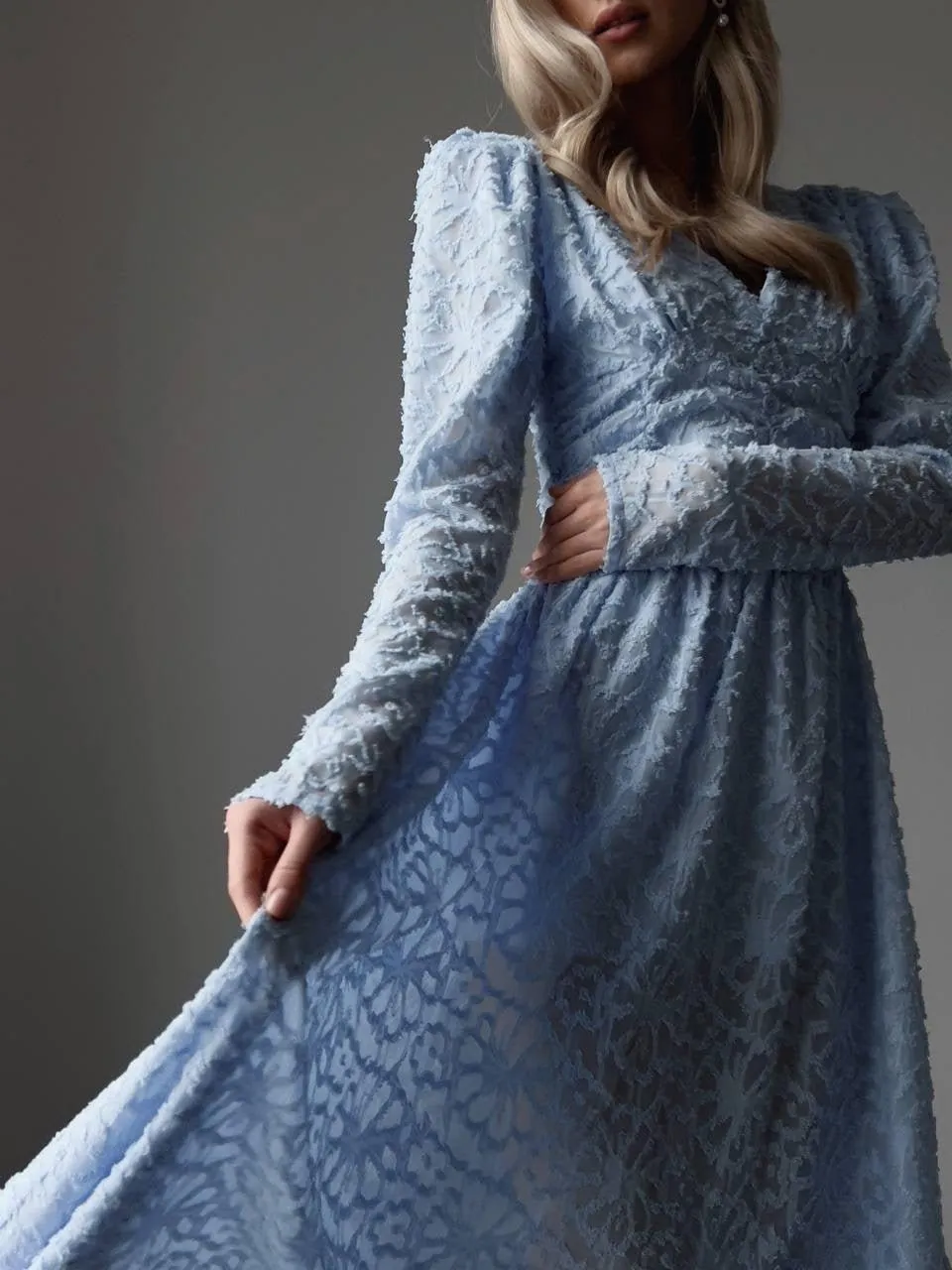 Blush Elegance Textured Blue Midi Dress