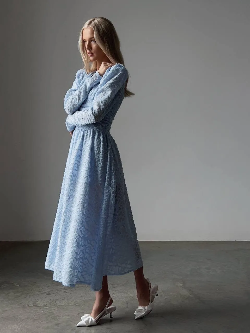 Blush Elegance Textured Blue Midi Dress
