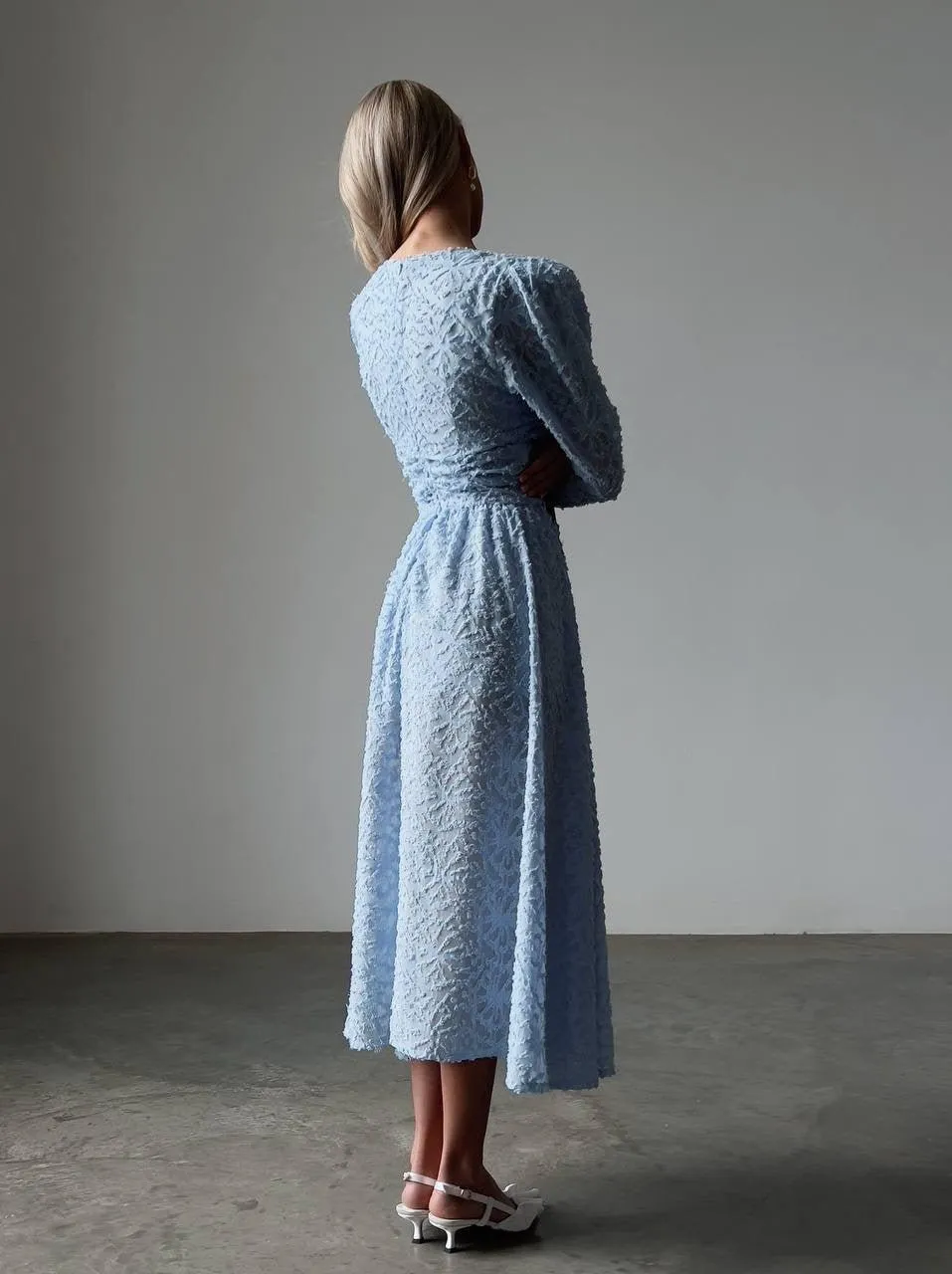 Blush Elegance Textured Blue Midi Dress
