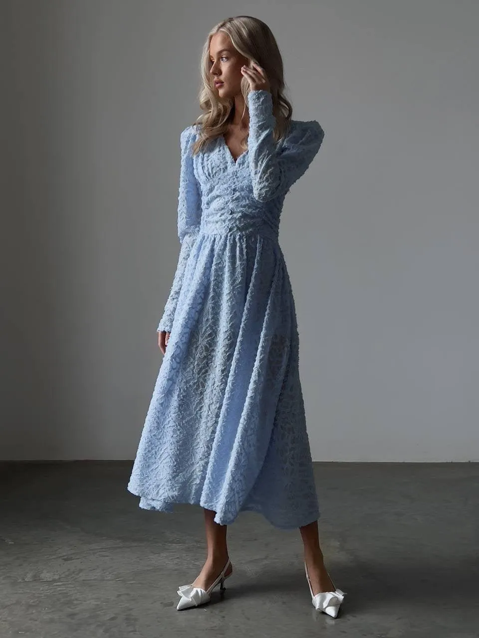 Blush Elegance Textured Blue Midi Dress