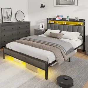 Brekin LED Platform Bed with Charging Station & RGBW LED Light, Storage Headboard Linen Upholstered Wade Logan® Color: Gray Size: Full