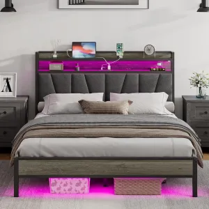 Brekin LED Platform Bed with Charging Station & RGBW LED Light, Storage Headboard Linen Upholstered Wade Logan® Color: Gray Size: King