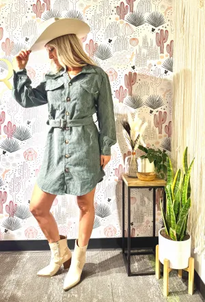 Button Down Corduroy Belted Short Dress