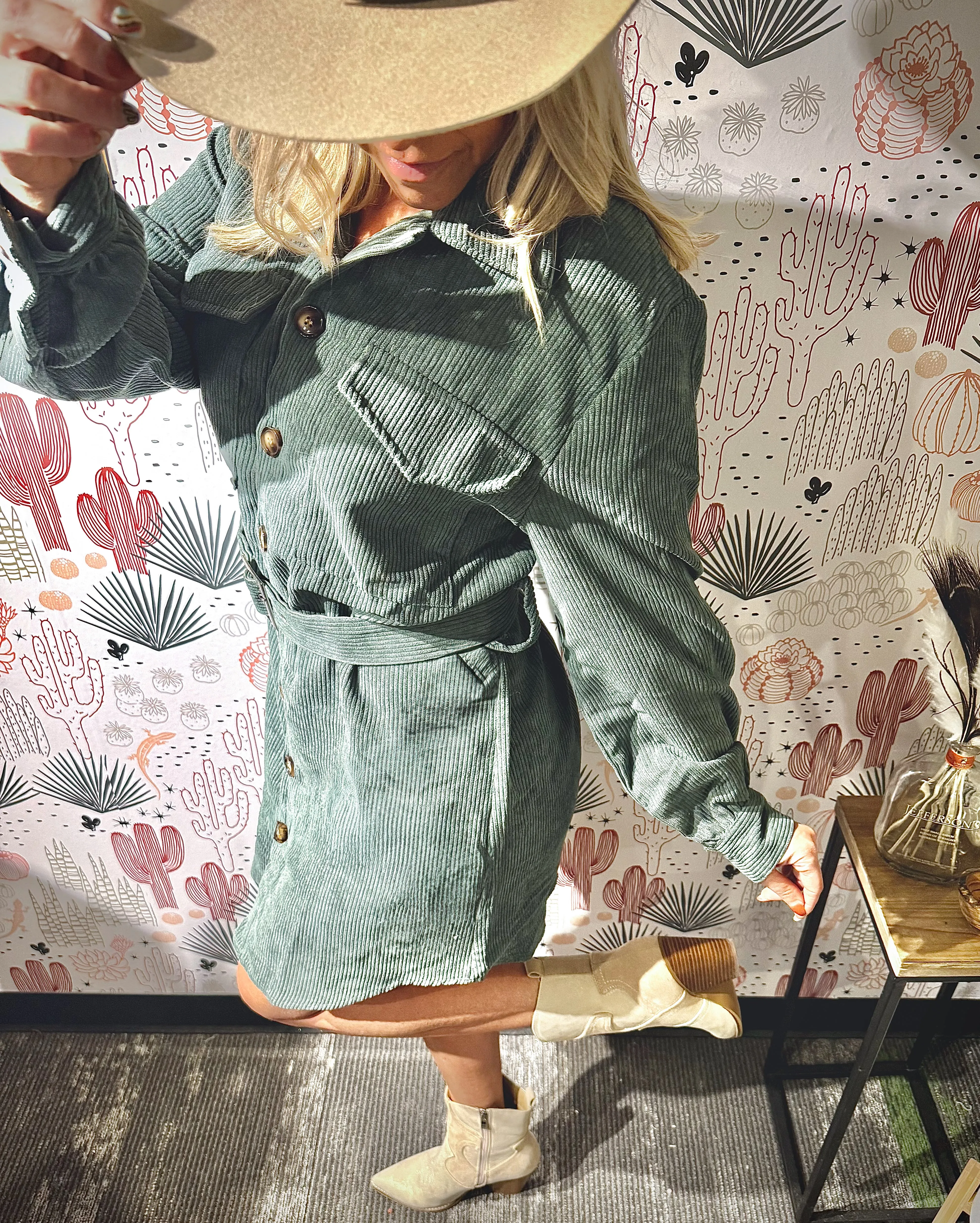 Button Down Corduroy Belted Short Dress