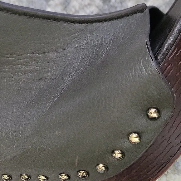 Charles by Charles David Leather Wood Heel Mule Studded Green Brown 8 Platform