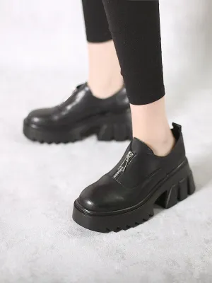Chunky Heel Pure Zipper Genuine Leather Sneaker - Black