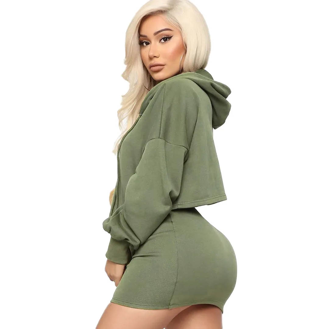 Cropped Hooded Sweater & Drawstring Skirt Set