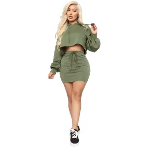 Cropped Hooded Sweater & Drawstring Skirt Set