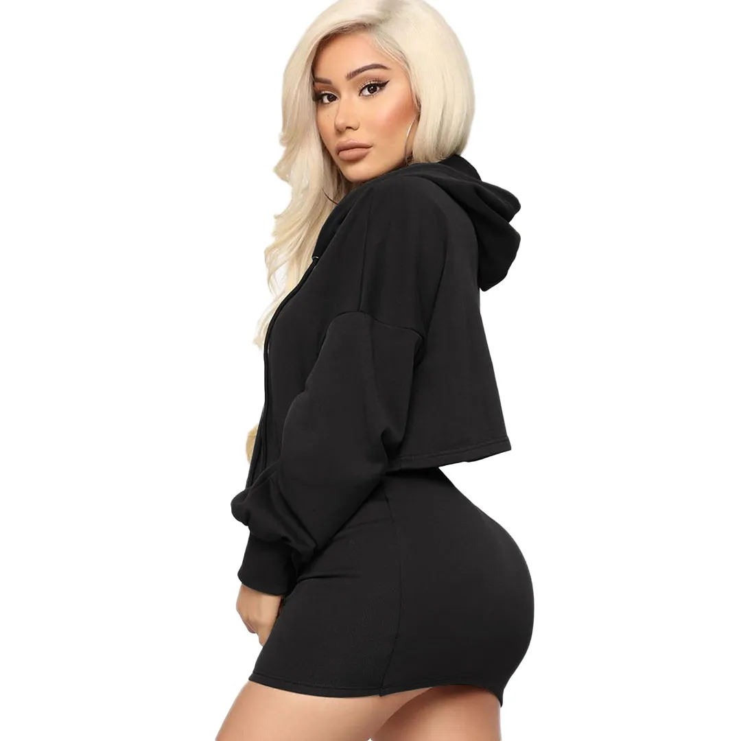 Cropped Hooded Sweater & Drawstring Skirt Set