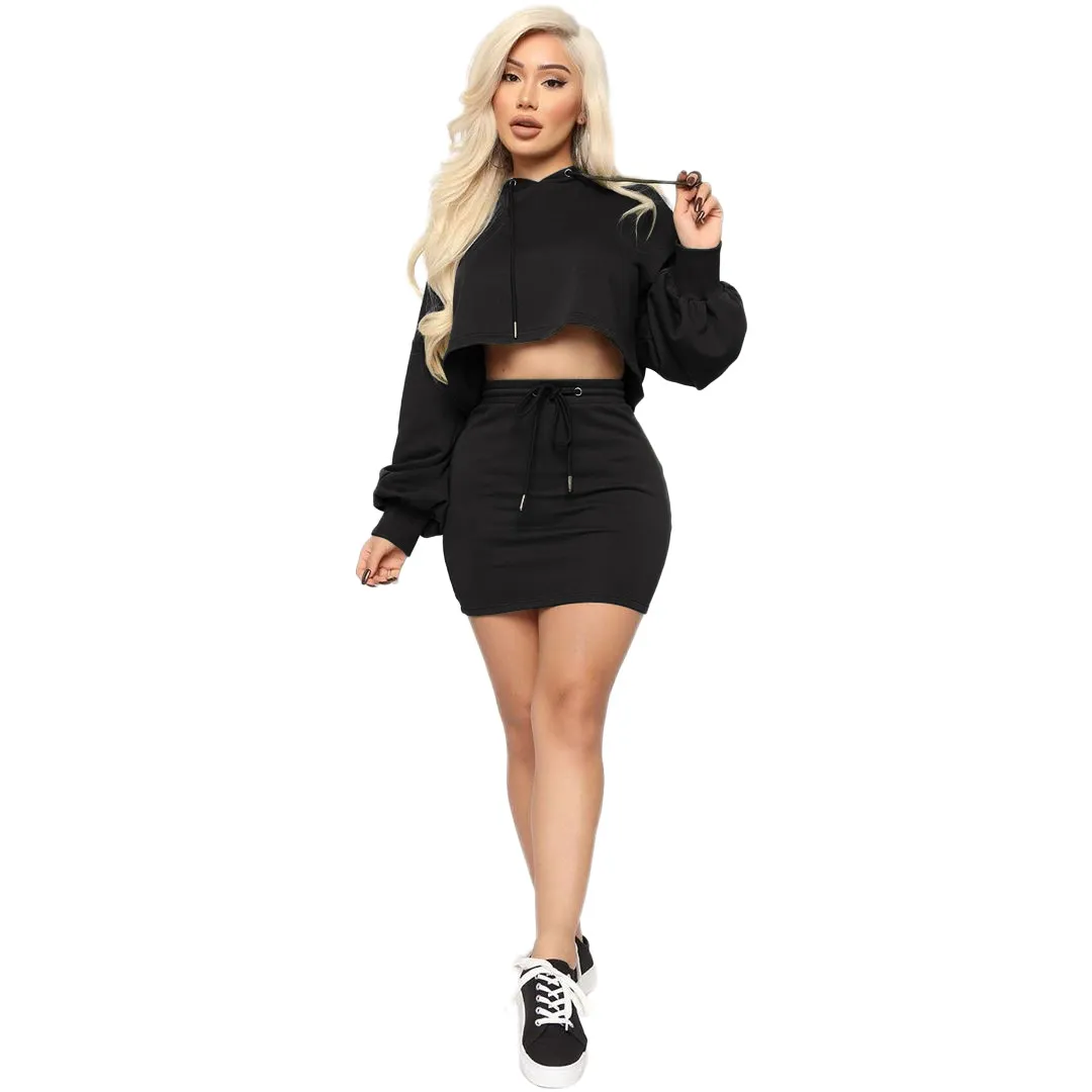 Cropped Hooded Sweater & Drawstring Skirt Set