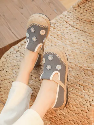 Daisy Wishes Applique Linen Espadrille - Grey