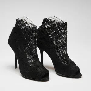Dolce & Gabbana Black Stretch Lace Sock Heel Ankle Boots Size 36.5
