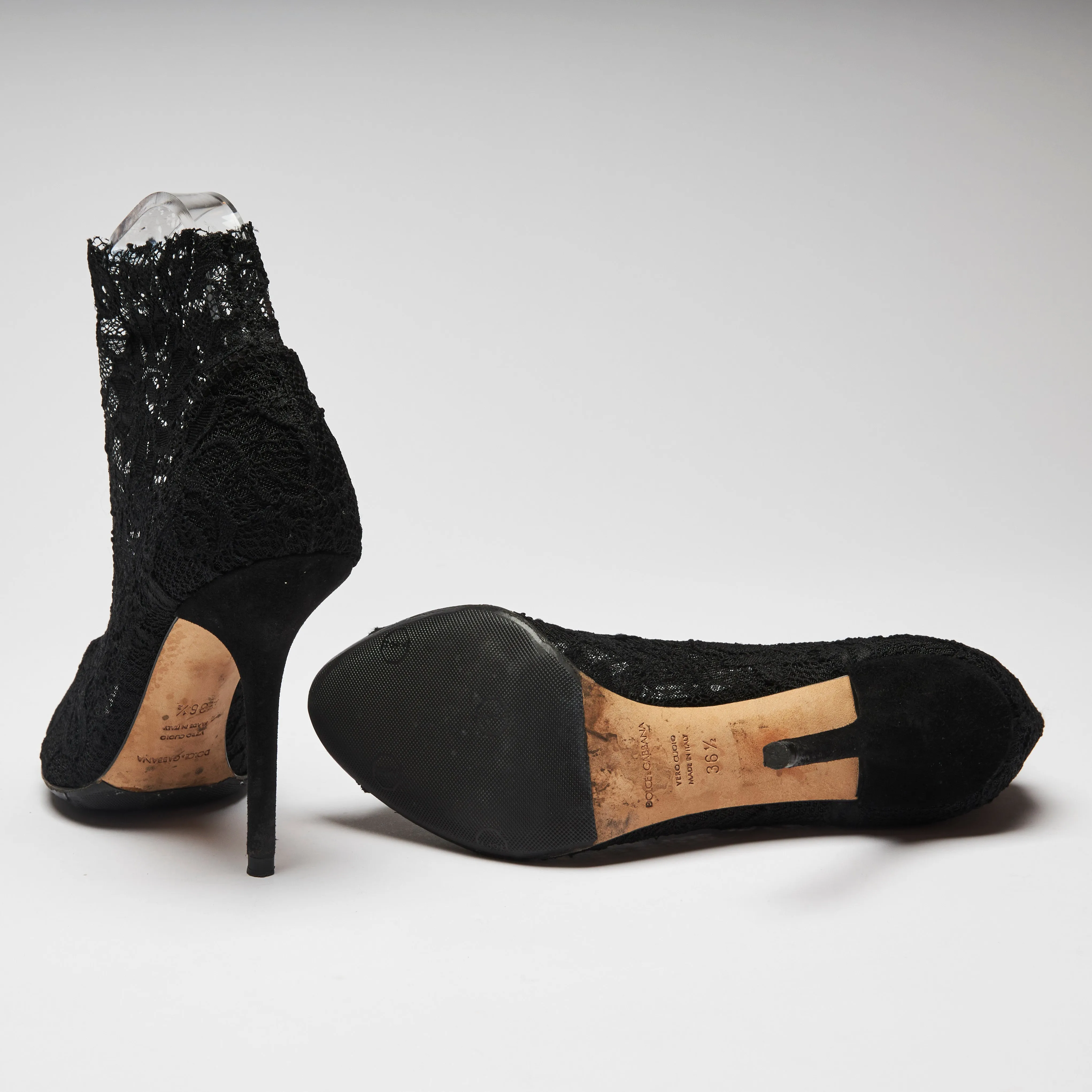 Dolce & Gabbana Black Stretch Lace Sock Heel Ankle Boots Size 36.5