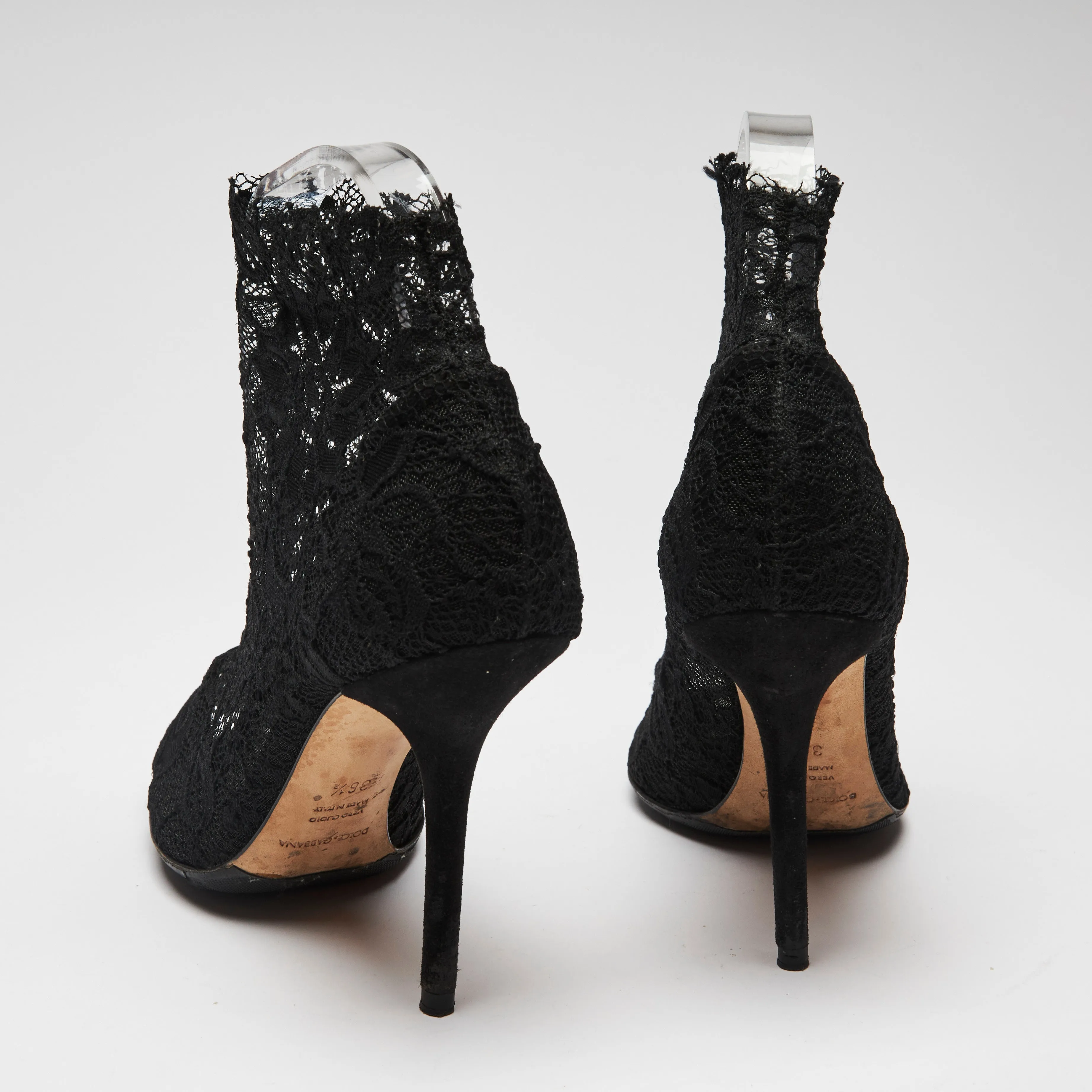Dolce & Gabbana Black Stretch Lace Sock Heel Ankle Boots Size 36.5