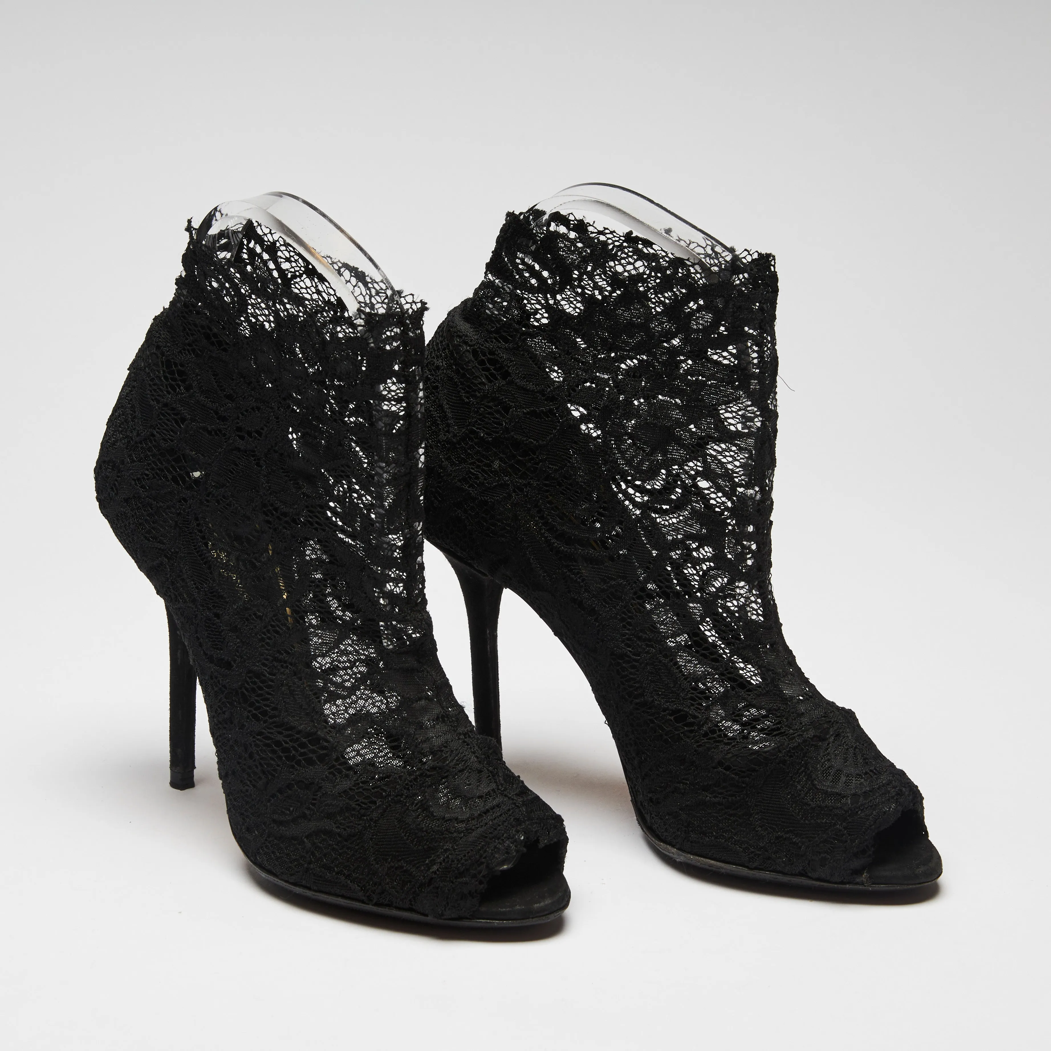 Dolce & Gabbana Black Stretch Lace Sock Heel Ankle Boots Size 36.5