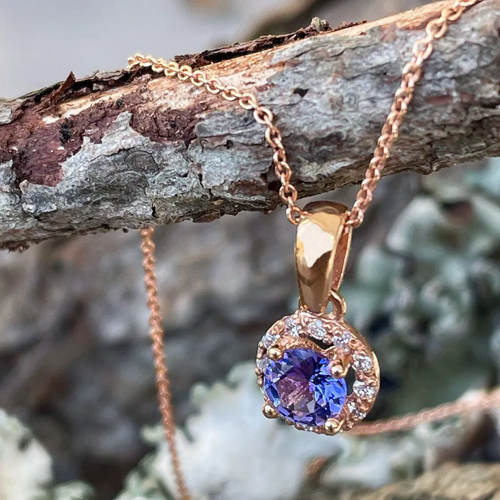 Elevated Tanzanite and Diamond Halo Pendant in Rose Gold