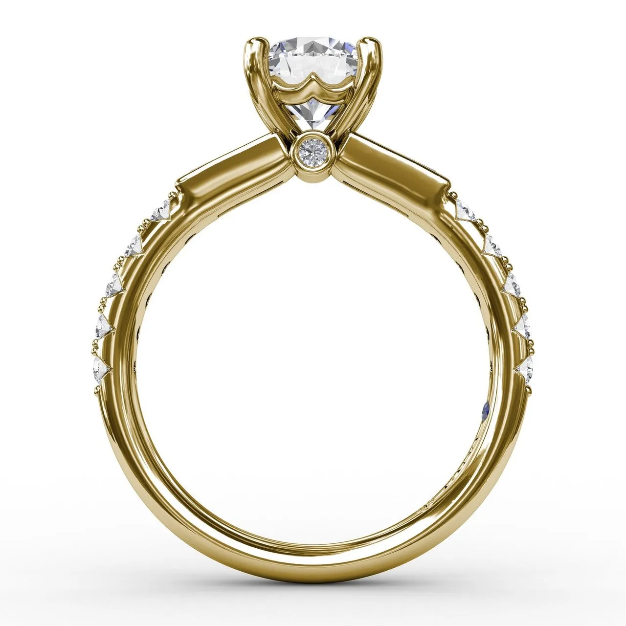 Fana Three-Stone Round Diamond Engagement Ring With Bezel-Set Baguettes and Diamond Band