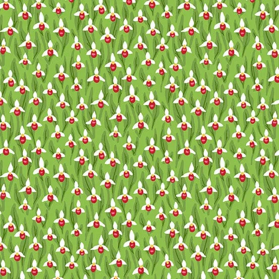 Floral States of America Minnesota Pink and White Lady's Slipper Green Fabric 985-MN
