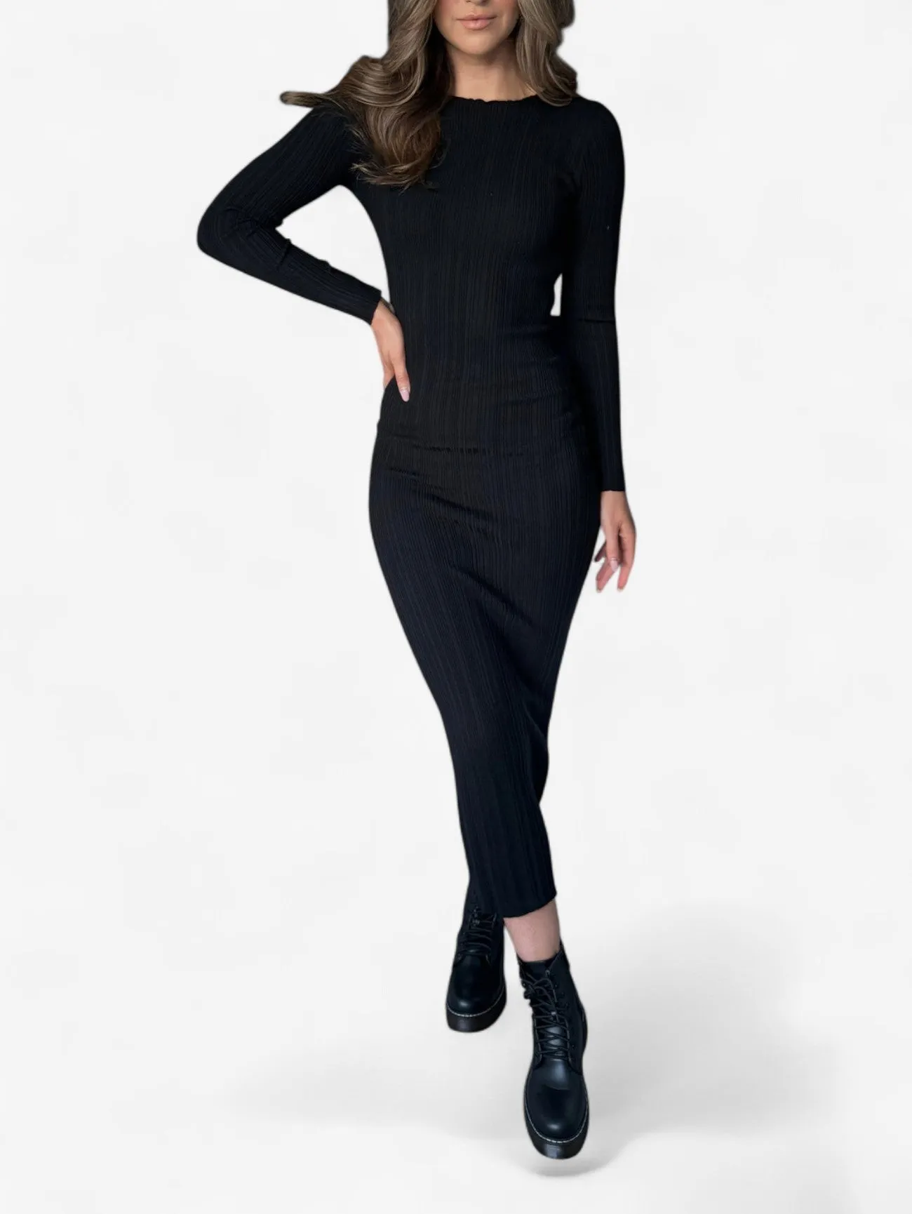 Foxes | Women's Elegant Ribbed Knit Long Sleeve Maxi Dress