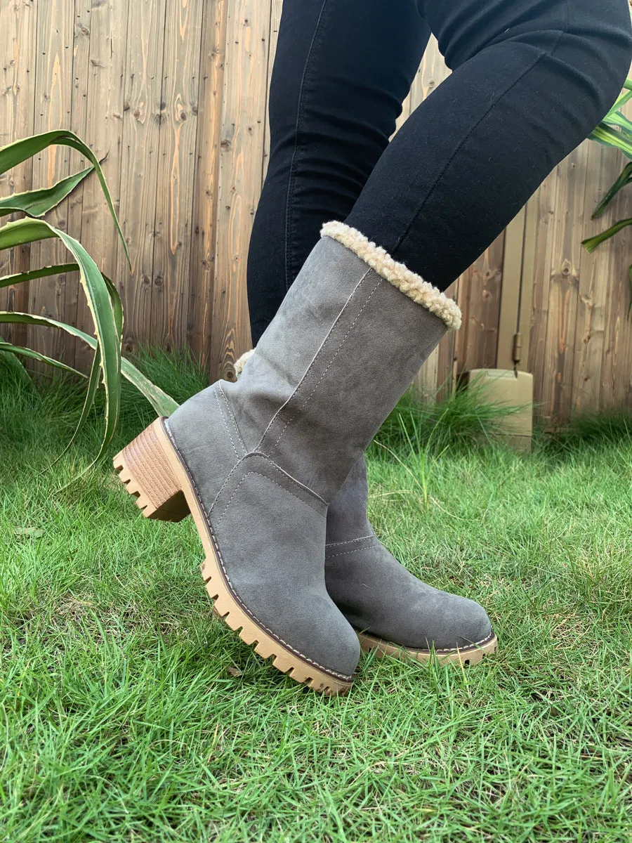 Grey Plush-Lined Fold-Over Boot