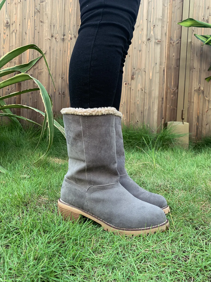 Grey Plush-Lined Fold-Over Boot
